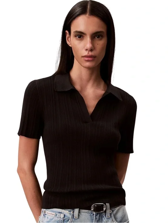 Calvin Klein Jeans - Black Ribbed Short Sleeve Polo NWT - Picture 3 of 9